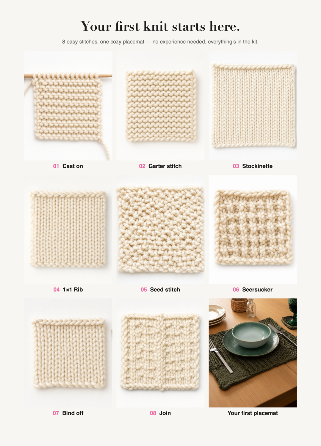 Placemat & Coaster - Beginner Sampler Kit - Learn The Basics Knitting Kit